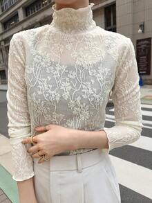 FRIFUL Women's Casual Stand Collar Long Sleeve Mesh Fitted Top - Apricot - View 6