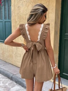 Serisse Women's V-Neck Pleated Back Tie Casual Jumpsuit - Brown - View 4