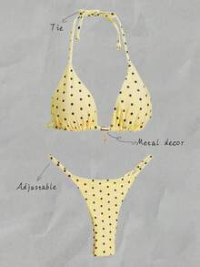 Elavelle 春假女士波尔卡圆点随机印花金属装饰细肩带性感比基尼沙滩装套装 - 彩色 - 查看 1