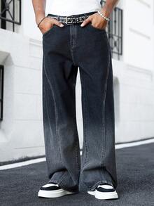 Manfinity EMRG Men's Fashion Casual Luxury Commuter Ombre Washed Design Straight Leg Wide Jeans - Black - View 3