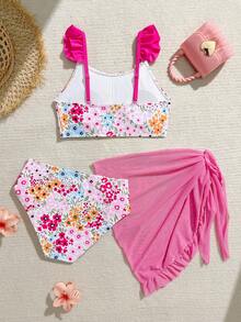 SHEIN 少女比基尼套装，可爱多彩（蓝、粉、黄、红、绿叶、花朵）针织面料，荷叶边裙摆三件套泳衣，时尚休闲优雅，适合游泳、夏季度假、海滩、泳池、节日派对 - 粉色 - 查看 4