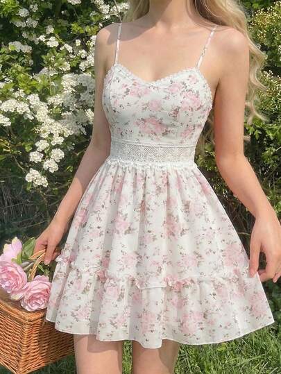 SHEIN MOD 女士吊带蕾丝拼接褶皱碎花优雅夏季迷你连衣裙