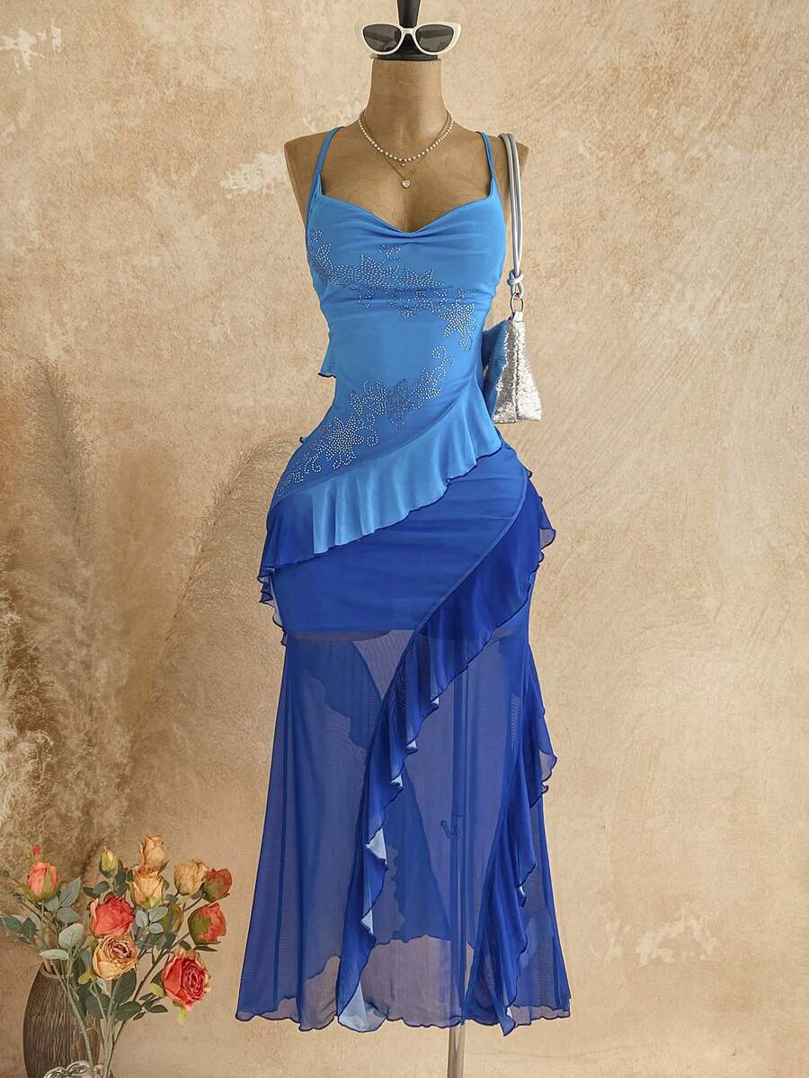 Soleia Đầm nữ in họa tiết hoa cổ điển nhiều màu sắc, cổ xếp ly, gấu đầm bồng bềnh, kiểu dáng đi nghỉ mát. - Màu xanh lam - Xem 1