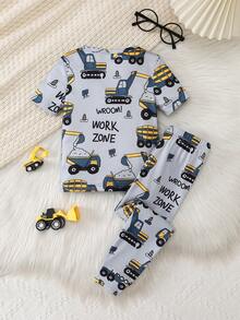 2件套男童休闲卡车字母印花短袖上衣和松紧腰针织打底裤家居服套装 - 灰色 - 查看 2