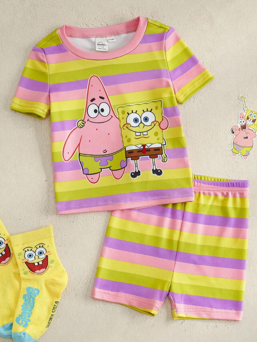 SpongeBob SquarePants | SHEIN 女婴短袖T恤短裤睡衣套装 - 彩色 - 查看 1