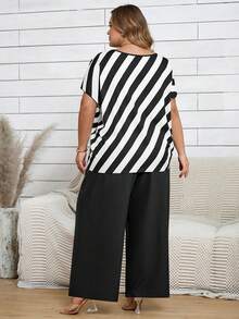 SHEIN CURVE+ 大码休闲通勤撞色条纹领带衬衫和纯色长裤两件套/2026/新年 - 黑與白 - 查看 3