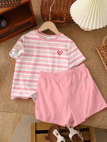 2pcs Tween Girls Casual Striped Heart Print Short Sleeve Top And Shorts Set, Suitable For Spring/Summer, Suitable For School - Multicolor - View 3