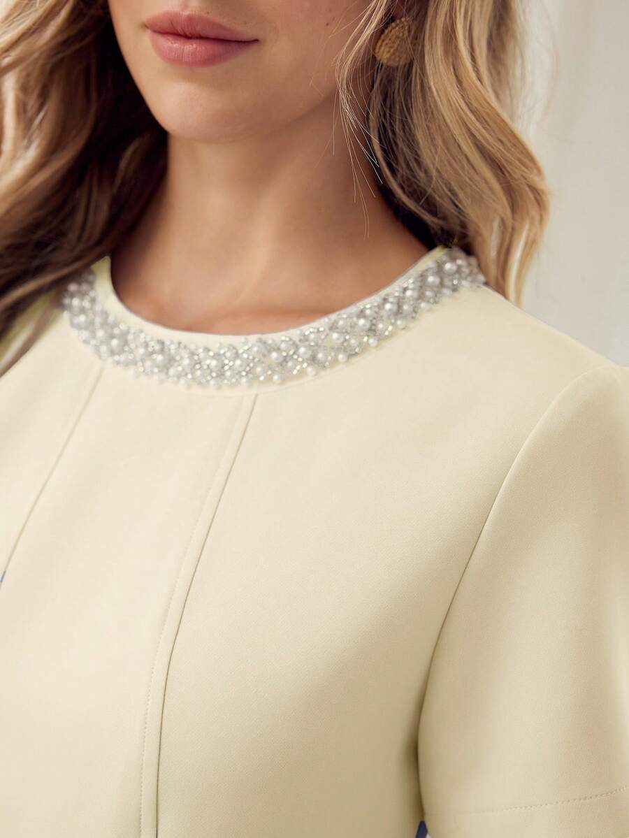 MOTF PREMIUM WOMEN'S FAUX PEARLS BEADED DETAIL SHORT SLEEVE DRESS FOR DATES, SPRING/SUMMER - Apricot - View 2