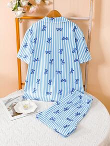 Bộ đồ ngủ 2 mảnh cho bé gái màu xanh sọc cổ nơ cài cúc tay ngắn, thoải mái, kiểu dáng thường ngày; Áo khoác cardigan cổ bẻ dáng rộng thoải mái cho nữ; Bộ đồ ngủ 2 mảnh phong cách ngọt ngào cho tuổi teen; Bộ đồ mặc nhà mới phong cách indie cho học sinh. - Màu xanh lam - Xem 2