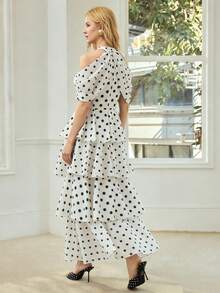 MOTF PREMIUM WOMEN'S ELEGANT POLKA DOT MID-LENGTH DRESS - Black and White - View 2