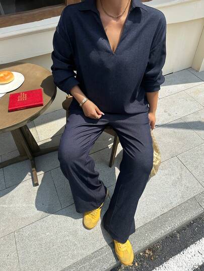 Dazy Plus Spring & Summer Loose Business Casual V-Neck Pullover Shirt With Pleated Design And Straight Leg Casual Pants Suit, Two Pieces Set For Plus Size Women