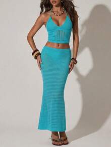SHEIN BAE 2pcs/Set Backless Tie Teal Blue Women Sweater,Summer Casual Beach Vacation Holiday New Arrival Blue Set Perfect For Parties&Nightclubs - Blue - View 3