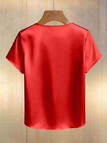 Franclia 女士香槟色优雅圆领珍珠装饰长袖衬衫，缎面面料，适合通勤和日常优雅穿着 - 紅色 - 查看 2