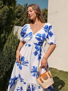 GlowEve CURVE 大码女式浪漫印花泡泡袖心形领扭结层叠A字荷叶边下摆休闲度假优雅长裙 - 藍白色 - 查看 5