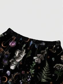 ROMWE Goth 以自然为灵感的哥特式神秘月亮、星星、蝴蝶、蝙蝠印花宽松黑色短裤，适合大码女性 - 黑色 - 查看 3