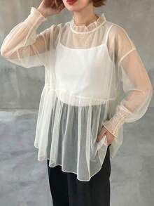 FRIFUL Áo kiểu nữ màu xám trơn, chất liệu vải lưới mỏng, dáng rộng, thoải mái, đa năng. - Màu be - Xem 4