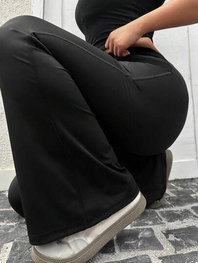 Dazy Plus Quần legging dài ống loe co giãn, ôm dáng, phù hợp mọi mùa, xuân/hè, dành cho nữ cỡ lớn, màu đen.