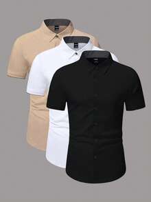Manfinity Mode Men's 3pcs Casual Solid Color Short Sleeve Shirt, Versatile For Summer, Formal, Ceremony - Multicolor - View 3