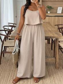 Plus Size Apricot Woven Fabric Jumpsuit: Casual, Sleeveless, Spaghetti Strap, Long, Knot Detail - Apricot - View 1