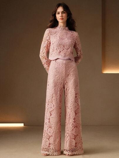  Anewsta Spring & Summer Hollow Lace Fabric Low Saturation Pink Double-Layer Loose Short Splice Satin Elegant Women Long Sleeve Blouse