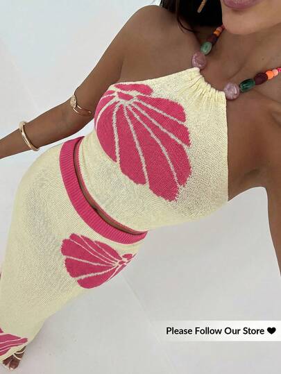 Aloruh 春夏新款女士性感露背串珠花卉针织吊带背心+超长浪漫贝壳刺绣针织撞色图案半身裙两件套，适合海滩/度假穿着