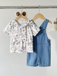 SHEIN Playful Pals 男婴休闲百搭舒适套装，包含一件披肩领条纹短袖T恤和一条可调节牛仔背带裤，适合通勤、上学、度假、运动、春夏季节穿着，尺码6个月至3岁，儿童服装，婴儿服装，幼儿T恤，幼儿背带裤 - 白色 - 查看 3