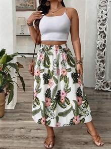 大码女式休闲度假风热带印花弹力腰半身裙，适合春、夏、秋季穿着 - 彩色 - 查看 3