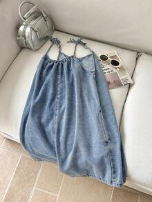 SHEIN Tween Girl Solid Color Knotted Casual Jumpsuit - Medium Wash - View 3