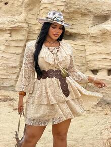 Rustia Plus Size V-Neck Cinched Waist Lace Midi Dress With Layered Sleeves - Apricot - View 3