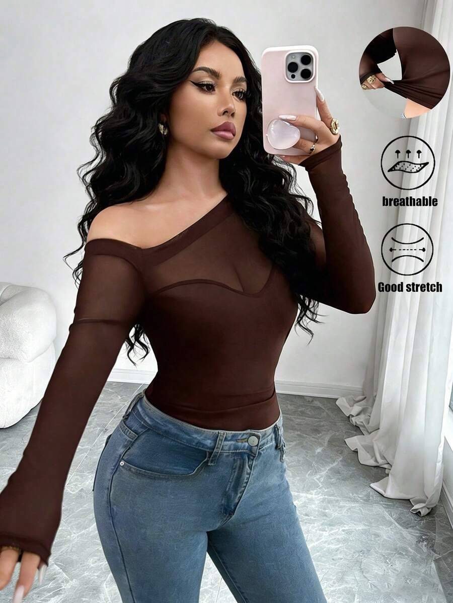 Rafferiza 新款女士优雅上衣，性感网纱拼接弧形领口设计，修身长袖黑色T恤 - 咖啡棕 - 查看 1