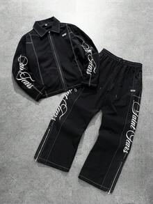 PAVTROS 2pcs Men's Fashionable, Outfit Set: Box Zipper Collar Long Sleeve Shirt, Elastic Waist Pants With Slit Hem Design, Minimalist Luxe Set, Lightweight Sporty Style, Fashionable, Energetic, Casual, Personalized, Daily Wear, Party, Travel, Holiday Gift,Men's,Baggy,Best,Boyfriend,Summer,Vacation,Y2k,Retro,Friends - Black - View 1