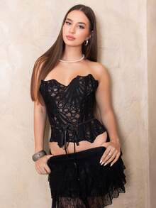 Duda Rubert 女士性感蕾丝修身抹胸上衣 - 黑色 - 查看 4