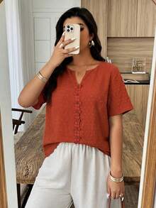 Weeklong Orange V-Neck Ruffle Trim Jacquard Fabric Plus Size Vacation Blouse, Spring/Summer - Orange - View 5