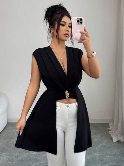 Elenzga 优雅新款都市时尚女式黑色V领金属装饰系带腰身无袖短前长后摆上衣，适合日常穿着、婚礼、晚宴、通勤、毕业派对、节日、假期、约会、聚会、万圣节、圣诞节、新年、感恩节、婚礼等场合。