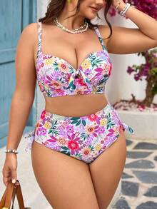 SHEIN Swim Curve Vestido de playa con estampado floral para mujer de talla grande, estilizador y con soporte para vacaciones - Multicolor - Ver 4