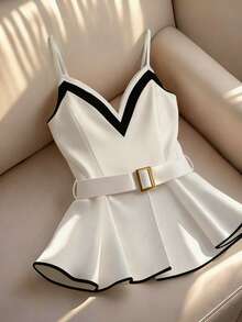 Franclia Áo hai dây phối màu đen trắng thời trang, ôm eo, dáng chữ A tinh tế và sang trọng, điểm nhấn là thắt lưng trang trí, thích hợp cho mùa xuân/hè. - Đen và trắng - Xem 5