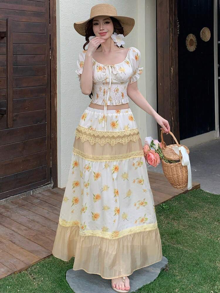 Spring & Summer Yellow Floral All-Over Print Lace & Mesh Patchwork Short Top, Short Sleeve Blouse, Elegant Vacation Beach Flared A-Line Skirt 2-Piece Set, Commuting Casual Sweet Lady Outfit