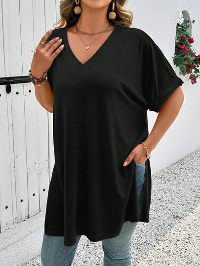 Linhara CURVE Plus Size Solid Color Minimalist V-Neck Short Sleeve T-Shirt Plus Size Oversized T Shirt Plus Size Tops For Women Blouse For Women Casual Plus Size Cotton Oversize Dress For Women