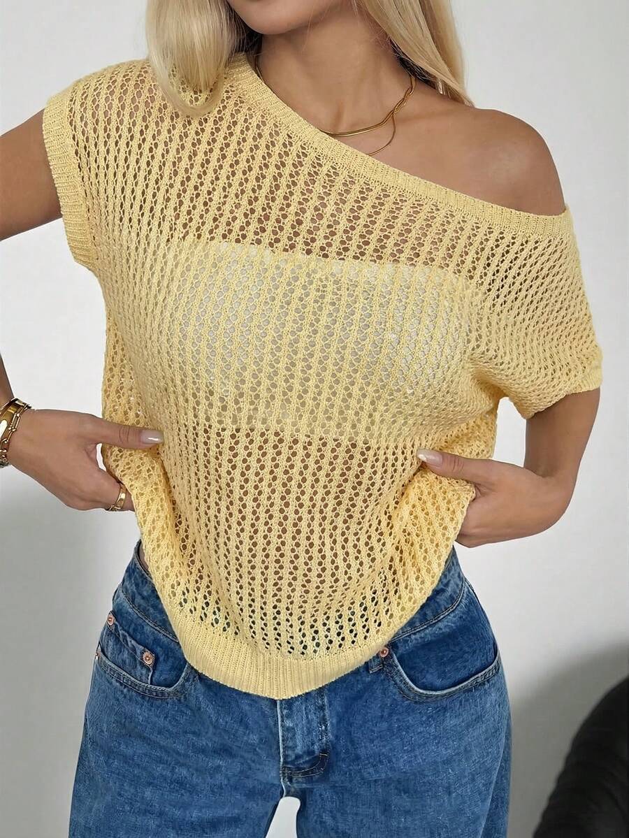 SHEIN EZwear 纯色镂空透视不对称领露肩休闲毛衣 - 鵝黃色 - 查看 1