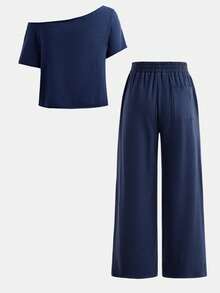 SHEIN Girlism Teen Girls 2 Piece Outfit,Navy Asymmetrical Shoulder Slogan T-Shirt & Slouchy Pants Set,Back-To-School Autumn Streetwear Holiday Casual Gym Clothes - Royal Blue - View 2