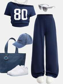 SHEIN Girlism Teen Girls 2 Piece Outfit,Navy Asymmetrical Shoulder Slogan T-Shirt & Slouchy Pants Set,Back-To-School Autumn Streetwear Holiday Casual Gym Clothes - Royal Blue - View 3