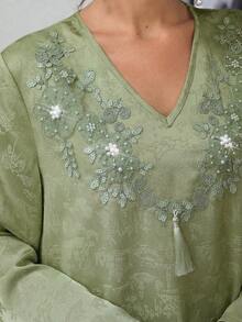 Al Najma Luxurious Embroidered & Beaded Long Sleeve Maxi Dress, Turkish & Arabic Traditional Style - Green - View 7