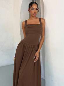 SHEIN BAE Women's Elegant Solid Brown Dress With Wide Collar And Flared Skirt, Suitable For Spring And Summer,Summer Dresses For Women - Brown - View 4