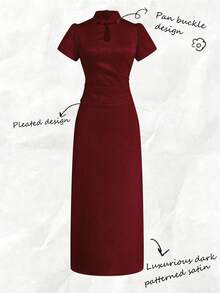 Franclia Vestido elegante de satén jacquard rojo con botones delanteros para celebración de Año Nuevo - Burdeos - Ver 4
