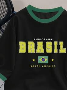 Manfinity Campus Court Áo thun nam Manfinity Hypemode phối màu, màu xanh lá cây và vàng, họa tiết thể thao bóng đá Brazil và chữ in nổi bật, tay ngắn phối màu tương phản. - màu đen - Xem 3