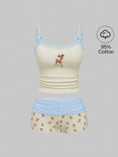 ROMWE J-Fashion Cute Deer Print Lace Patchwork Camisole Top Paired With Deer All-Over Print Shorts Set