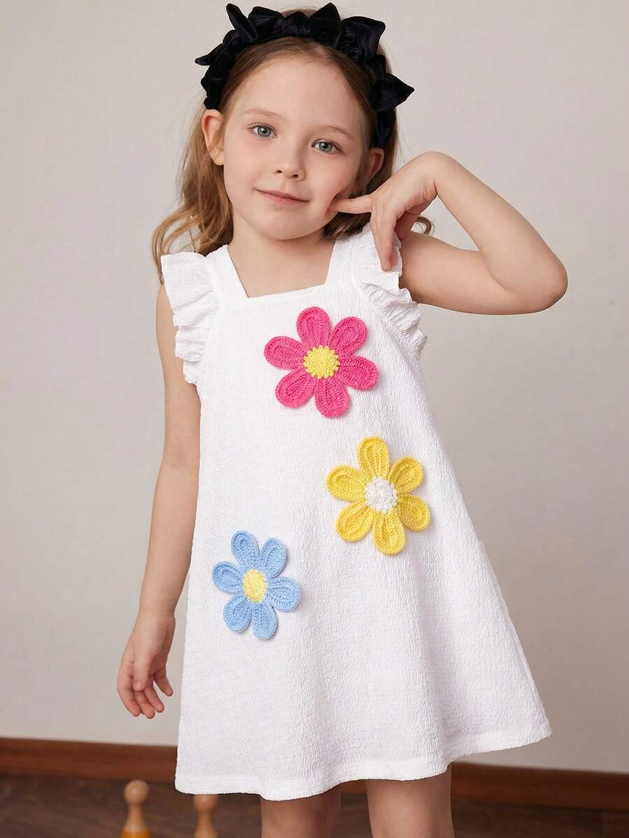 Genkimix Kids 少女无袖夏季连衣裙，方领白色荷叶袖连衣裙，宽松轻盈，自然温柔甜美优雅，适合各种夏季休闲场合，清新可爱。 - 白色 - 查看 1