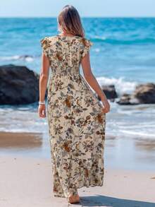 Sylviya Casual Women's Shirred Ruffle Trim Cap Sleeve Drawstring Waist Ruffle Hem A-Line Long Dress, Placement Printed Vacation Dress,Vacation - Khaki - View 2