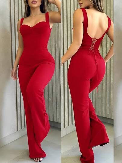 SHEIN LUNE بدلة نسائية مخفر الظهر ذات حمالات متقاطعة بحزام ضيق وساق مستقيمة