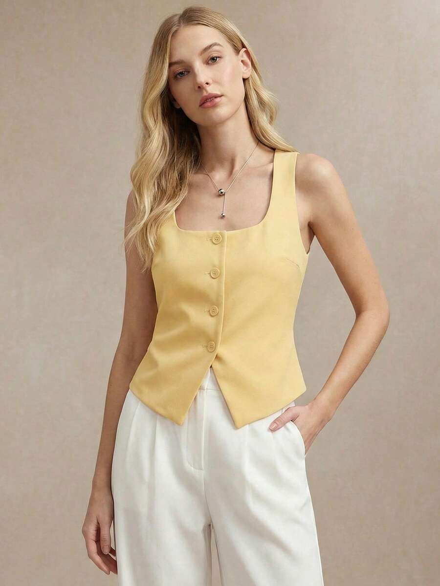 BizChic Gilet Blazer da donna di colore unito, elegante formale casual per pendolarismo ufficio appuntamento vacanza Giorno dell'Indipendenza stagione di laurea festival musicale snellente elegante versatile di alta gamma estivo sociale festa vacanza uscita spiaggia quotidiano francese retrò minimalista fresco - Giallo - Visualizzare 1